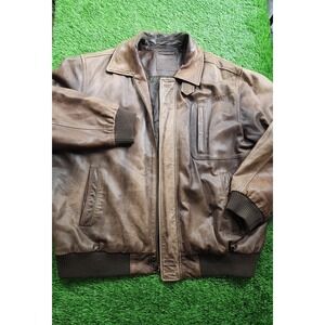 Roundtree & Yorke Jacket Mens XL Brown Leather Bomber Full Zip Quilted Lined